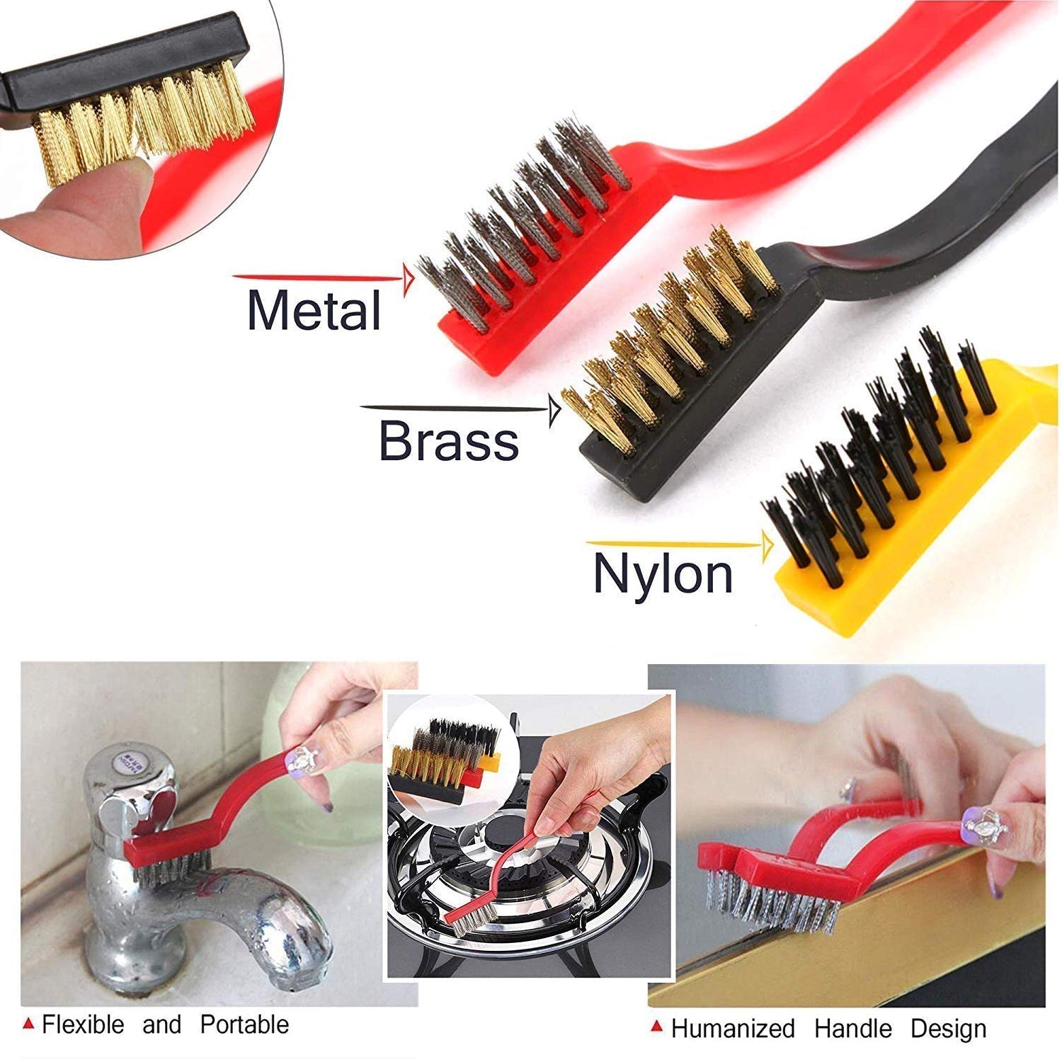 2166 3pc  Mini Wire Brush Set Brass Nylon Stainless Steel Bristles Household Cleaning Brush for Gas Stove, Smoke Machine Tool Burner Tiles Tap Rust Removal Welding Slag Dirt & Paint Scrubbing. DeoDap