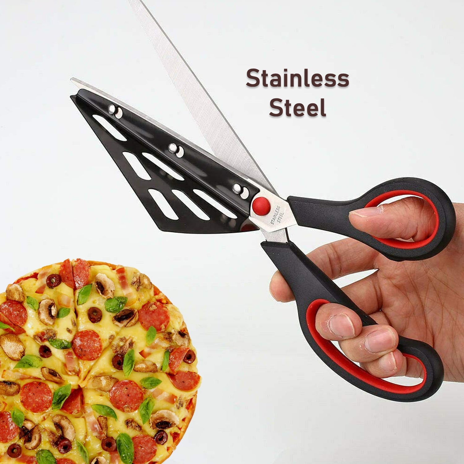 Stainless Steel Pizza Cutter Scissors Plastic Handle with Removable Spatula