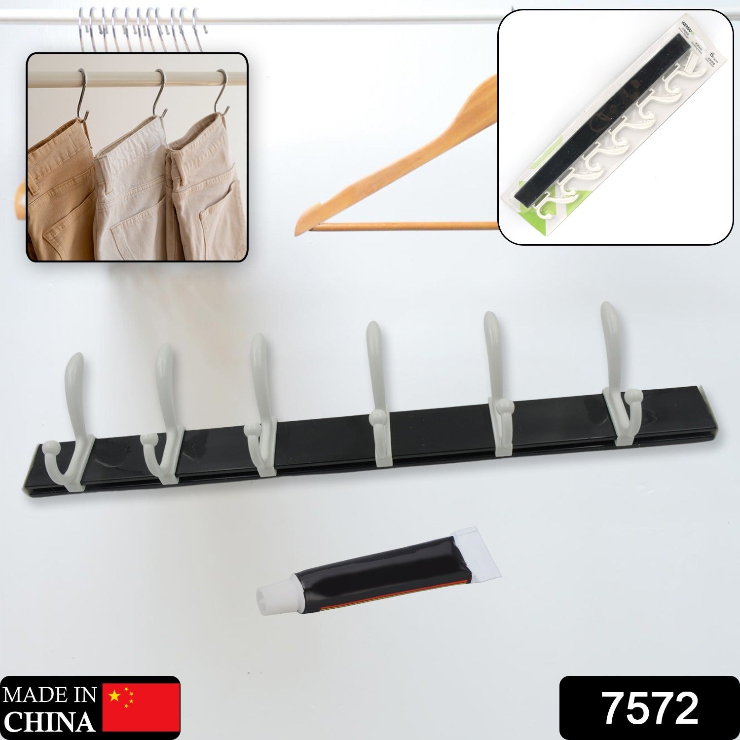 7572 Cloth hanger, Wall Door Hooks Rail for Hanging Clothes for Hanging Hook Rack Rail, Extra Long Coat Hanger Wall Mount for Clothes, Jacket, Hats, 6 Hook With Eco-friendly Liquid Adhesive Glue