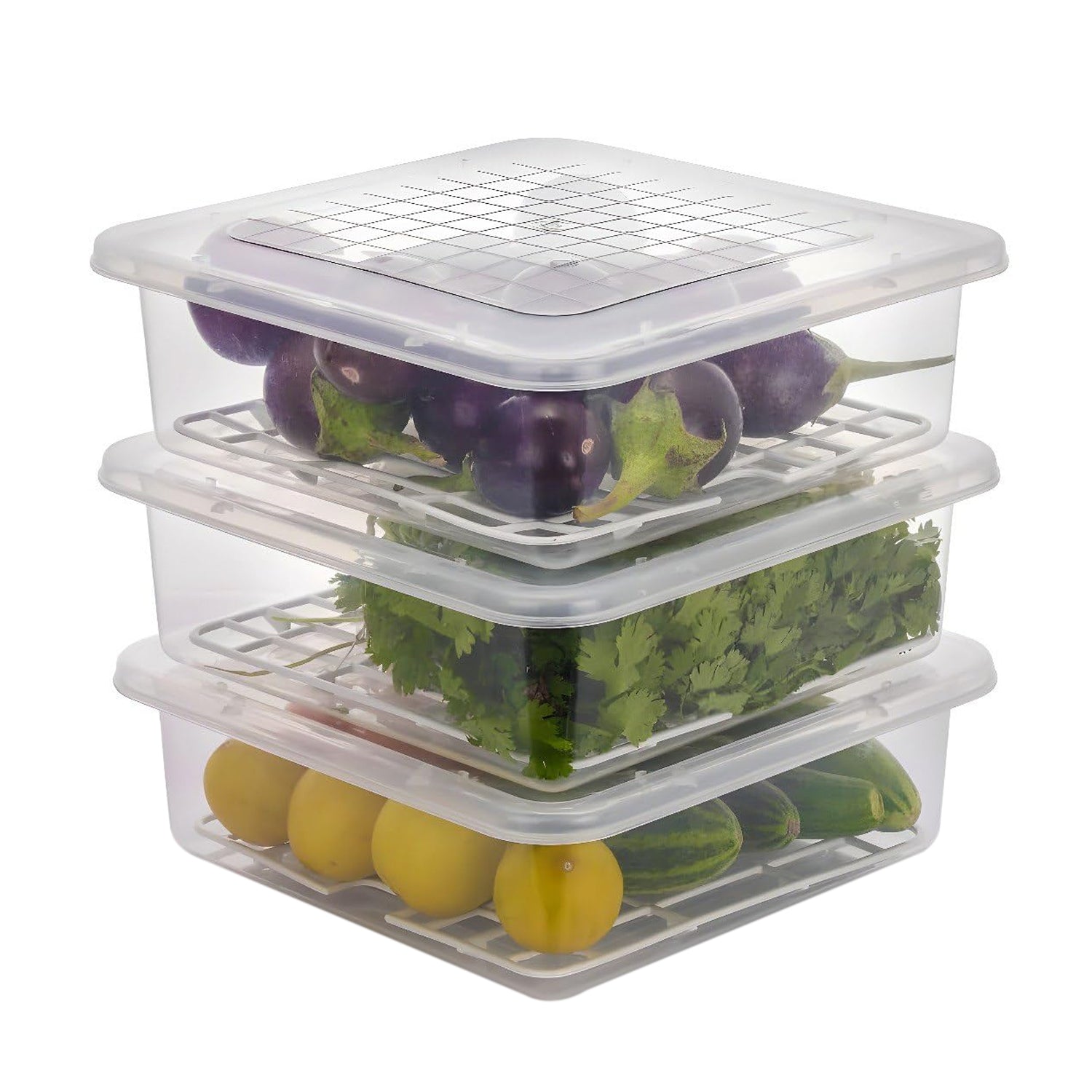 Plastic Food Storage Containers with Removable Drain Tray and Lid (3 Pcs Set)