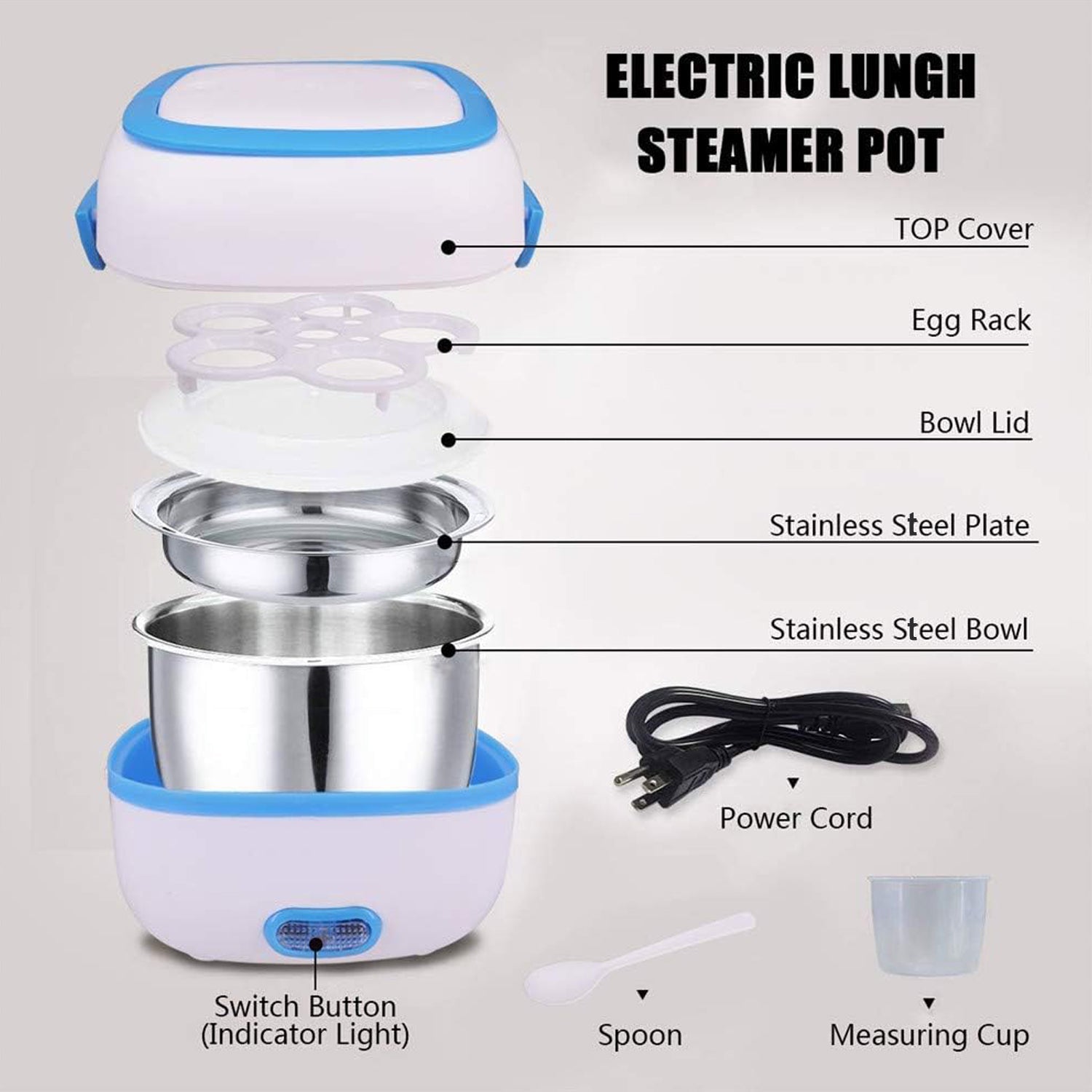 10027 Electric Lunch Box Portable Food Warmer Food Heating Lunch Box Removable Food-Grade Stainless Steel Compartments, 220V 200W, for Car, Truck, office 