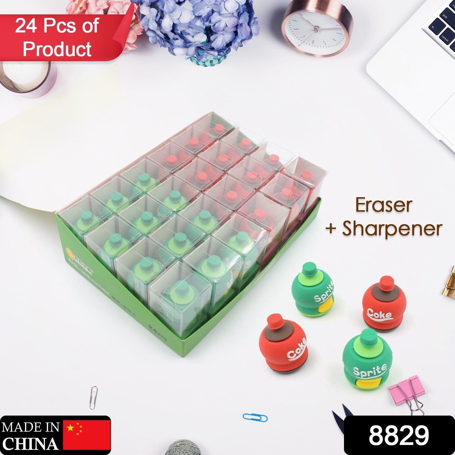 8829 2-in-1 3D Cold Drink Bottle Shape Rubber Pencil Sharpener and Eraser Set, Stationery for Kids School Boys Girls, Birthday Return Gifts (24 Pcs Set)