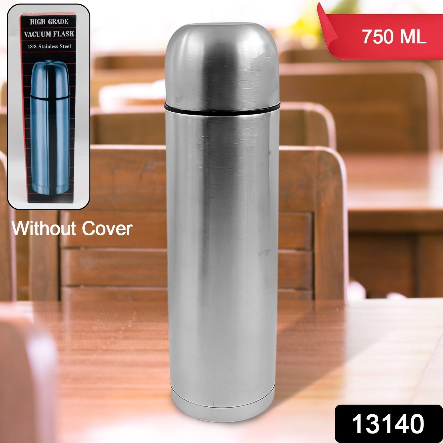 Vacuum Flask Without Cover, 18/8 Stainless Steel | Hot and Cold Water Bottle with Push-Down Lid | Double Walled Stainless Steel Bottle for Travel, Home, Office, School, Picnic (750 ML)