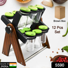 5590 Miracle Multipurpose Wooden Spice Rack for Kitchen 12 Jars | 360 Degree Revolving Masala Box Container Spice Rack Containers Set (12 pcs Set)