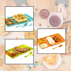 2037 4Compartment Dish with Spoon and Fork(2 Dish Set with 1Spoon and 1Fork) Dinner Plate Plastic Compartment Plate Pav Bhaji Plate 4-Compartments Divided Plastic Food Plate. DeoDap