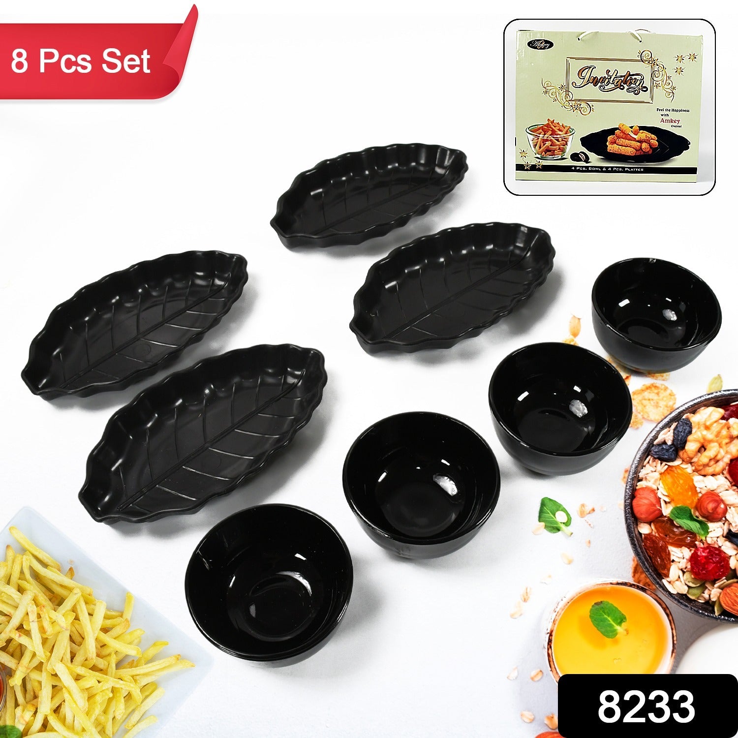 8233 Invitation Round Ceramic Snacks Bowl With Plastic Leaf shape Serving platter Portable, Lightweight Breakfast, Serving Bowl | Ideal for Rice, Pasta, Desserts Home & Kitchen Serving Bowl & platter (8 Pcs set)
