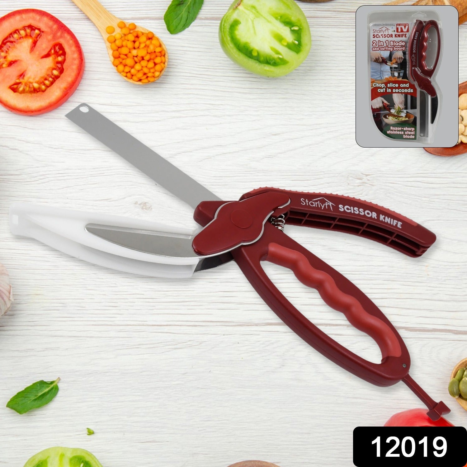 2 in 1 Kitchen Knife Scissor with Spring Locking Hinge and Chopping Board (1 Pc / With Card Packing)