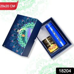 Personalized Temperature Water Bottle & Choco Almond Chocolate (With Attractive Peacock Box / 2 Pc Set)