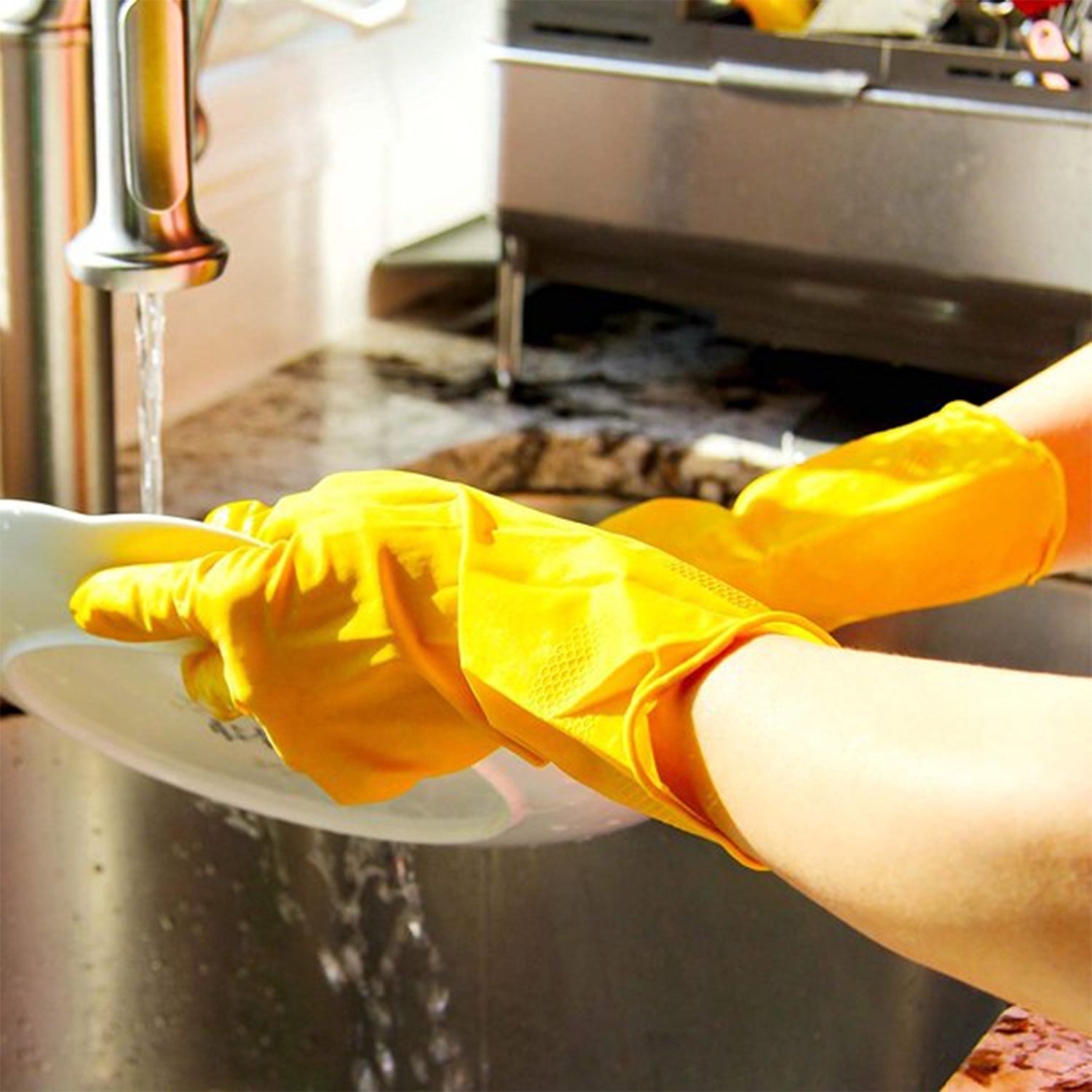 4854 2 pair med yellow gloves For Types Of Purposes Like Washing Utensils, Gardening And Cleaning Toilet Etc. DeoDap