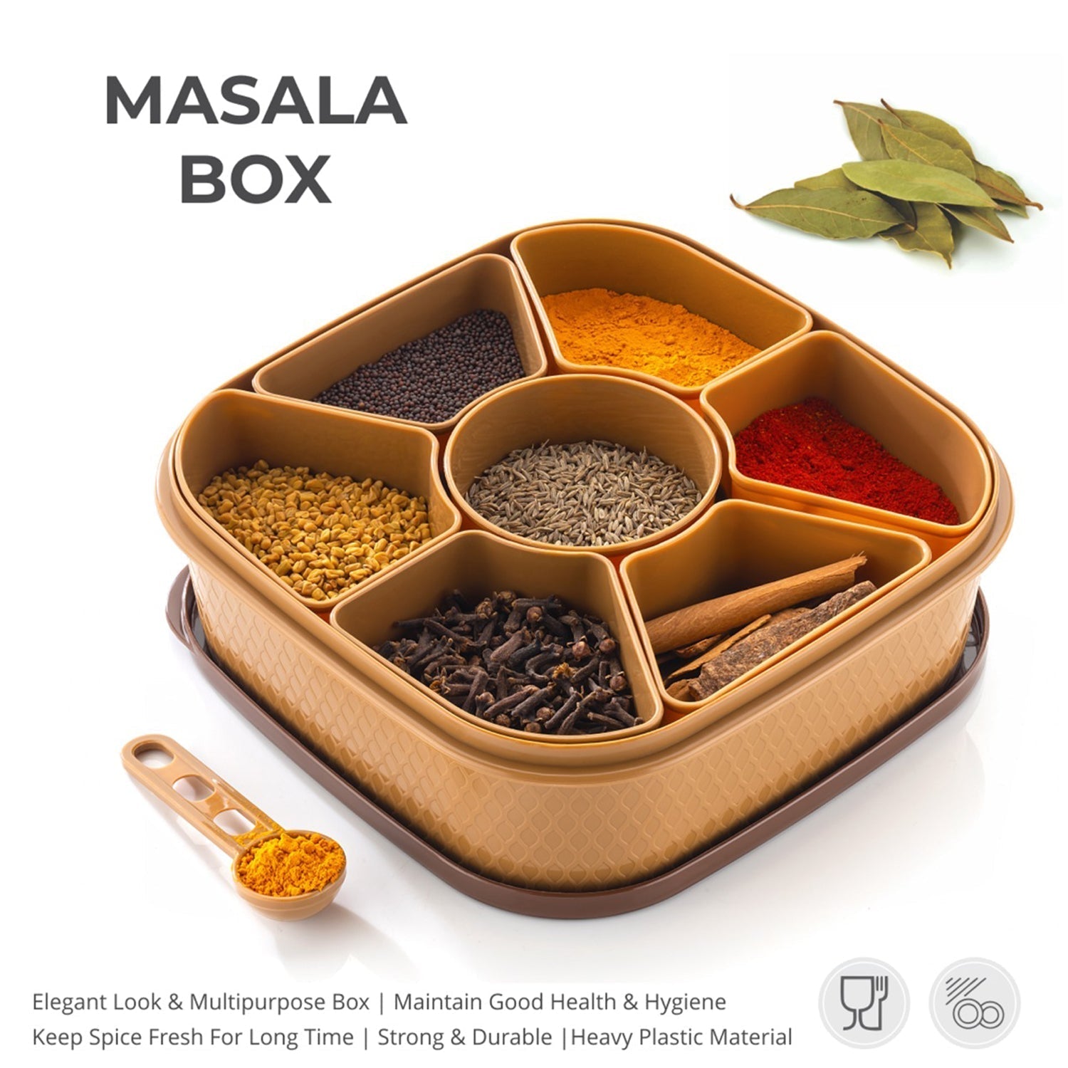 2032H Masala Box for Keeping Spices, Spice Box for Kitchen, Masala Container, Plastic Wooden Style, 7 Sections (Multi Color). DeoDap