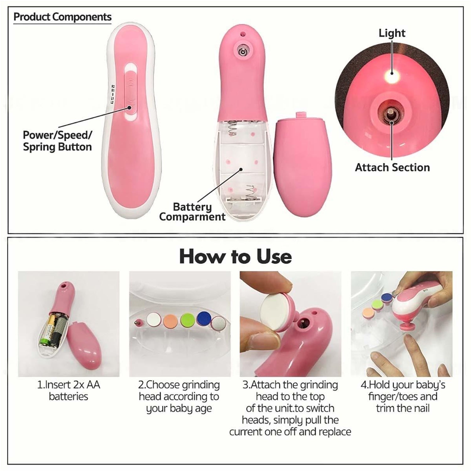 1223 Electric Baby Nail Trimmer with Grinding Heads for Newborn Infant and Toddler DeoDap