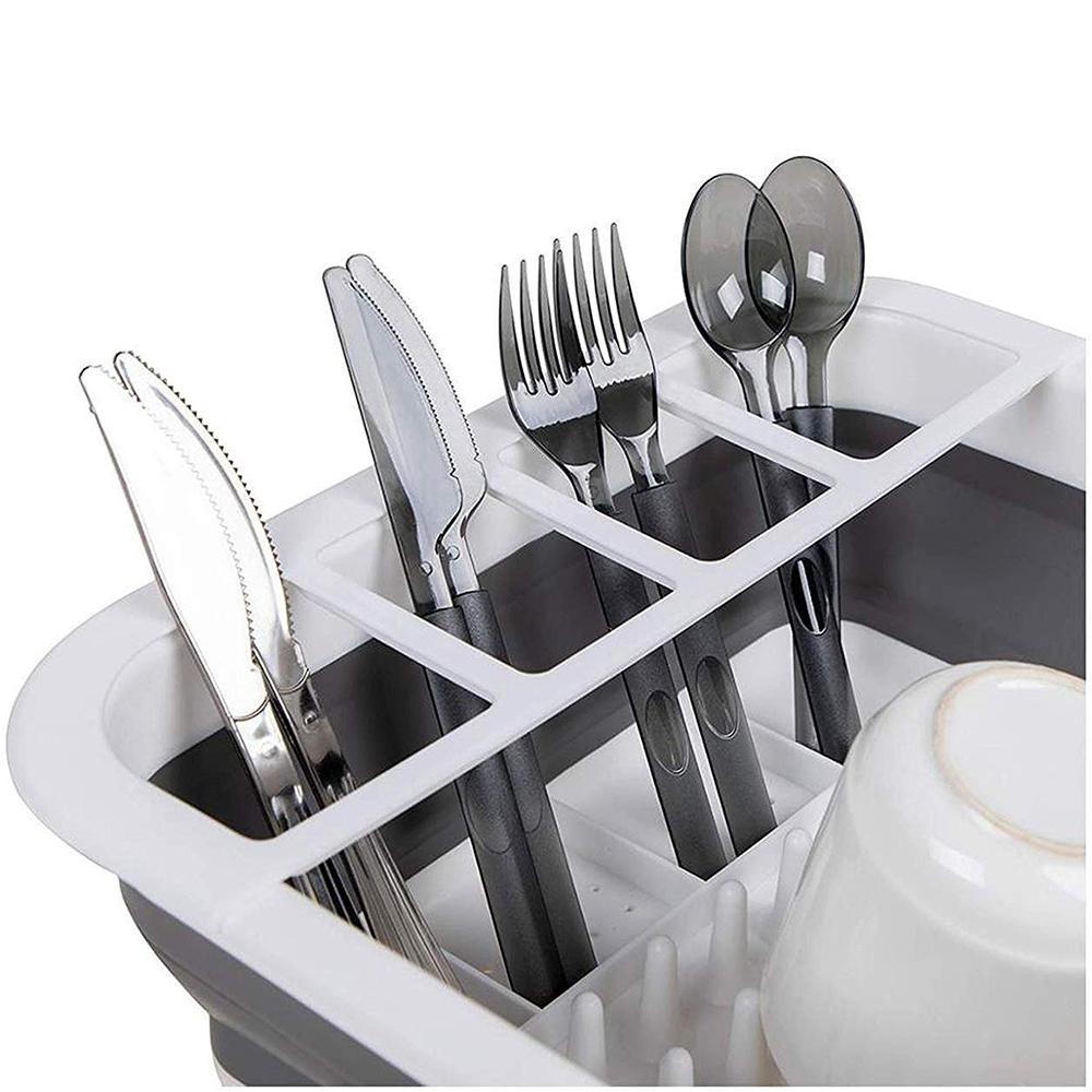 0804A Collapsible Folding Silicone Dish Drying Drainer Rack with Spoon Fork Knife Storage Holder DeoDap