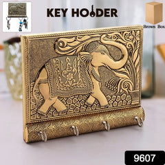 Wooden Key Holder for Home Decor Stylish Metal Gold Antique Elephant Design (1 Pc)