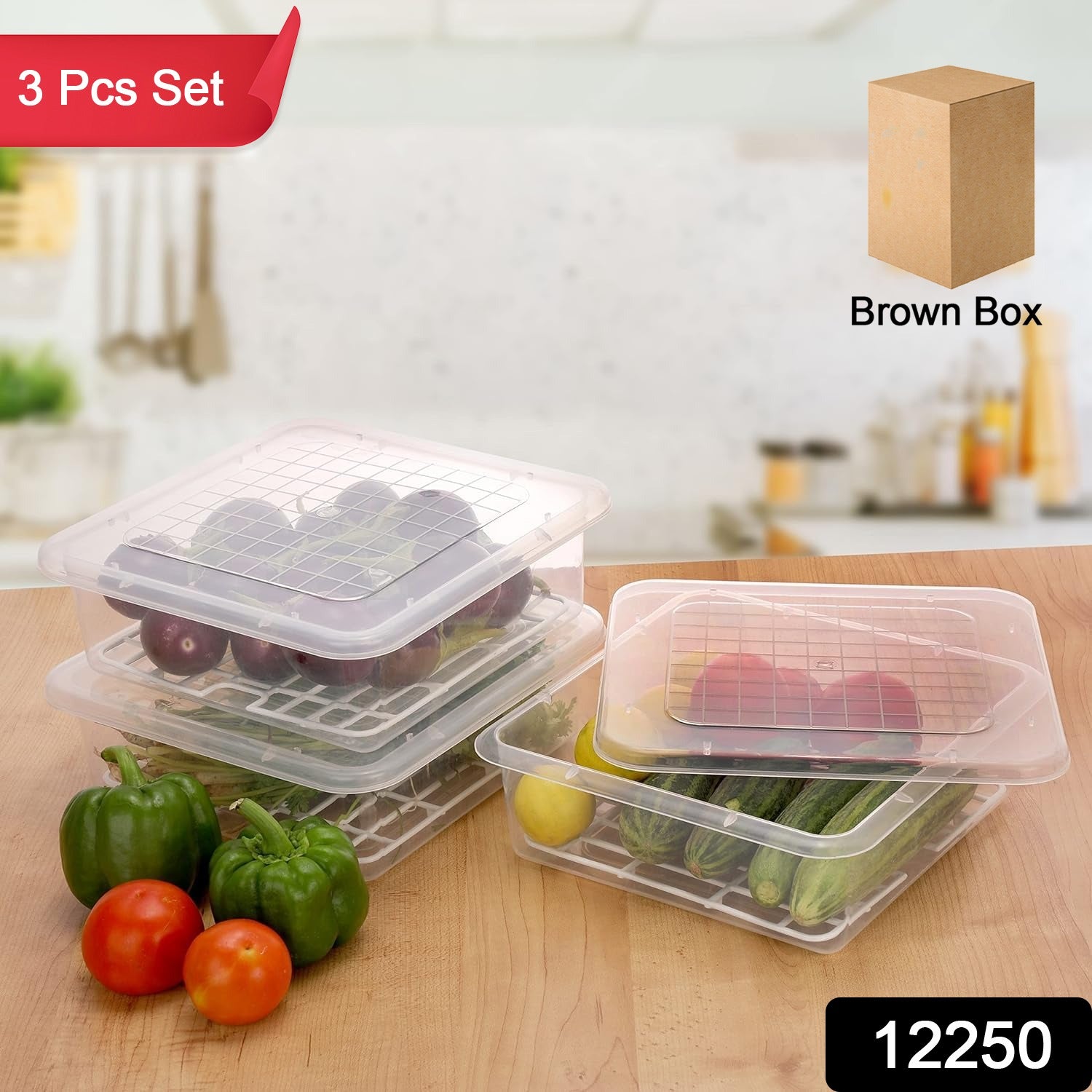 Plastic Food Storage Containers with Removable Drain Tray and Lid (3 Pcs Set)