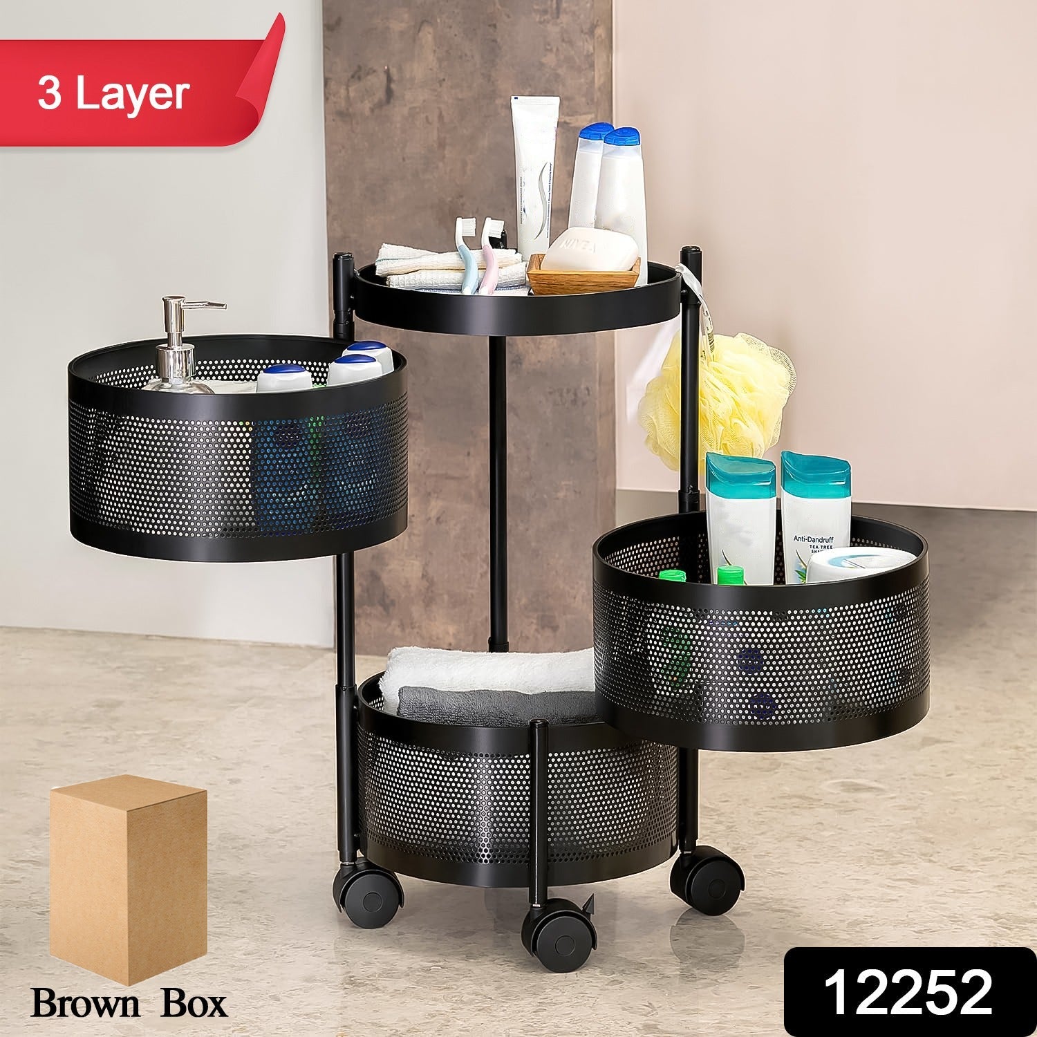 Metal Round High Quality Kitchen Trolley with Wheels (3 Layer / 1 Pc)