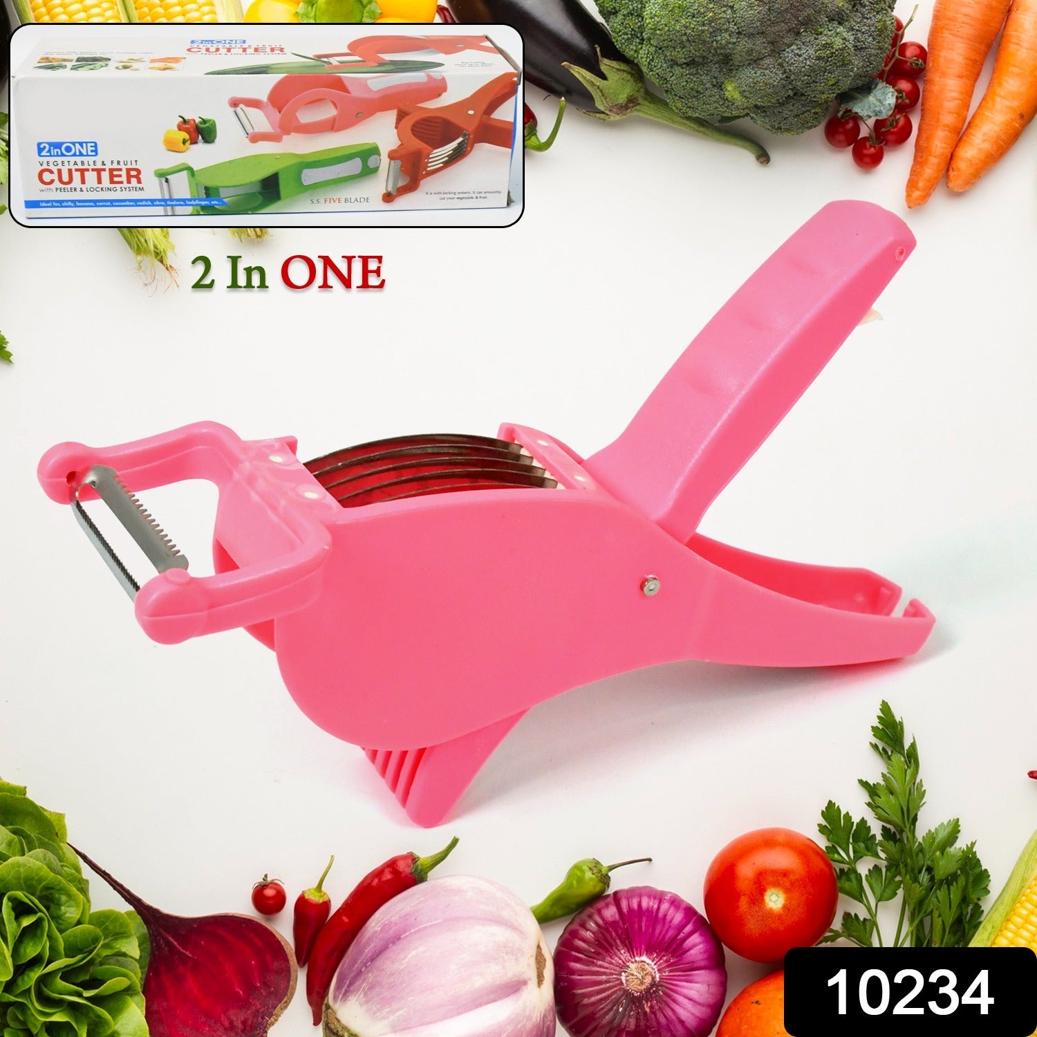 Plastic 2 in 1 Vegetable & Fruit Multi Cutter 5 Blade Vegetable Cutter with Peeler (1 Pc / Multicolor)