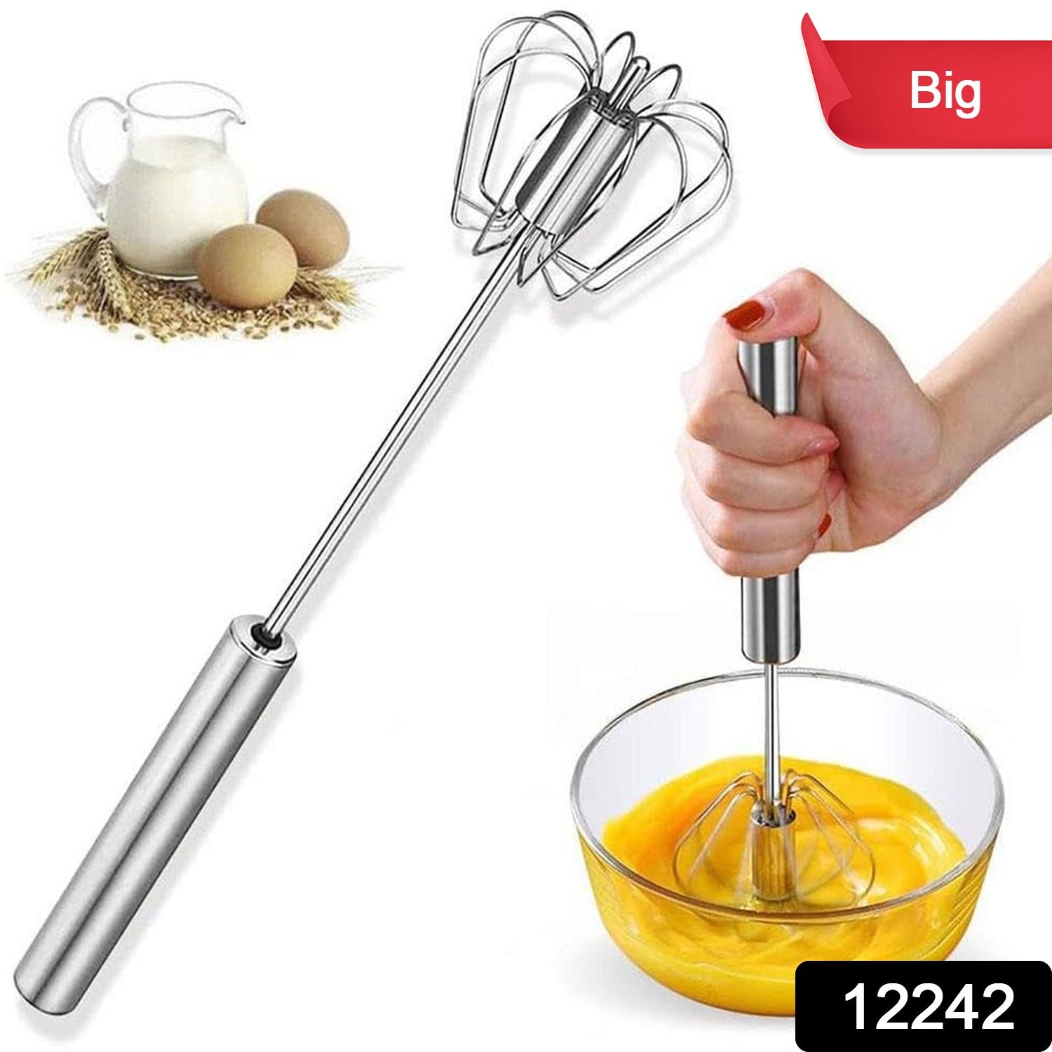 Big Stainless Steel Egg Whisk, Hand Push Rotary Whisk Blender (1 Pc / 35 Cm)