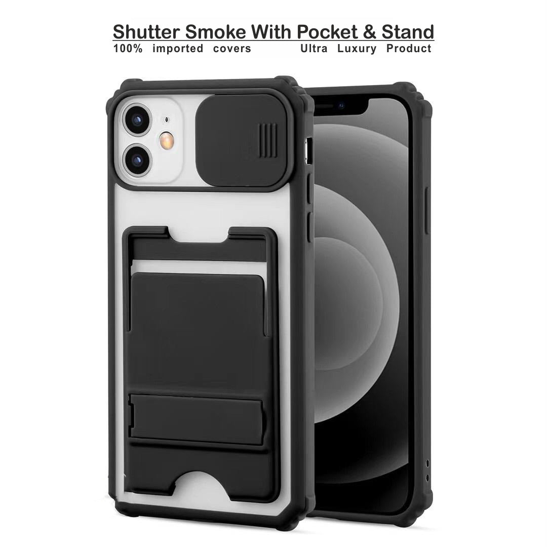 22201 Redmi's Shutter Smoke Cover With Stand | Camera Shutter Slide Protector | Back Case Cover Silicone Bumper Protection | Shockproof Protective Phone Case | Full Camera Protection | Rubber Edge For Max Protection