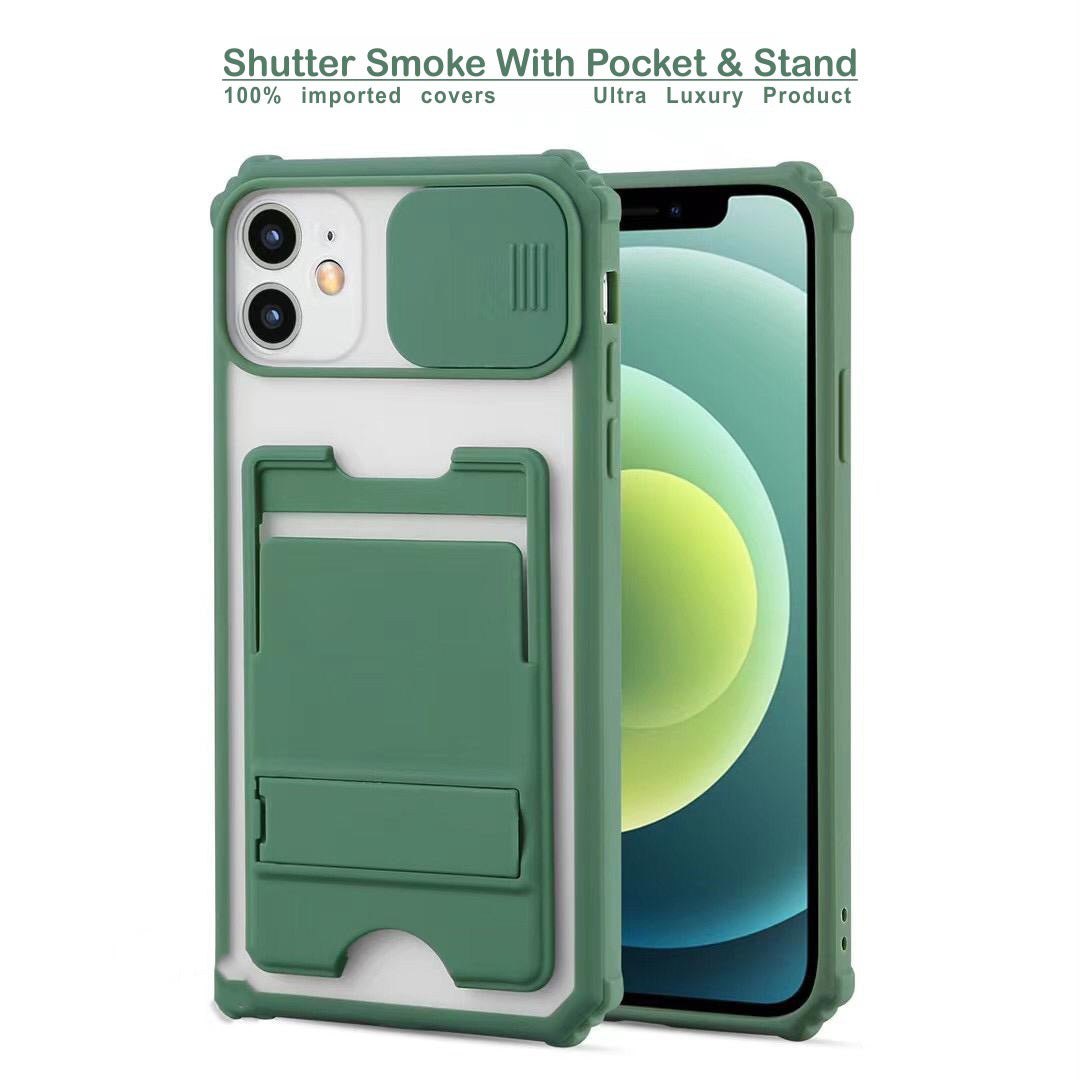 22201 Iphone's Shutter Smoke Cover With Stand | Camera Shutter Slide Protector | Back Case Cover Silicone Bumper Protection | Shockproof Protective Phone Case | Full Camera Protection | Rubber Edge For Max Protection