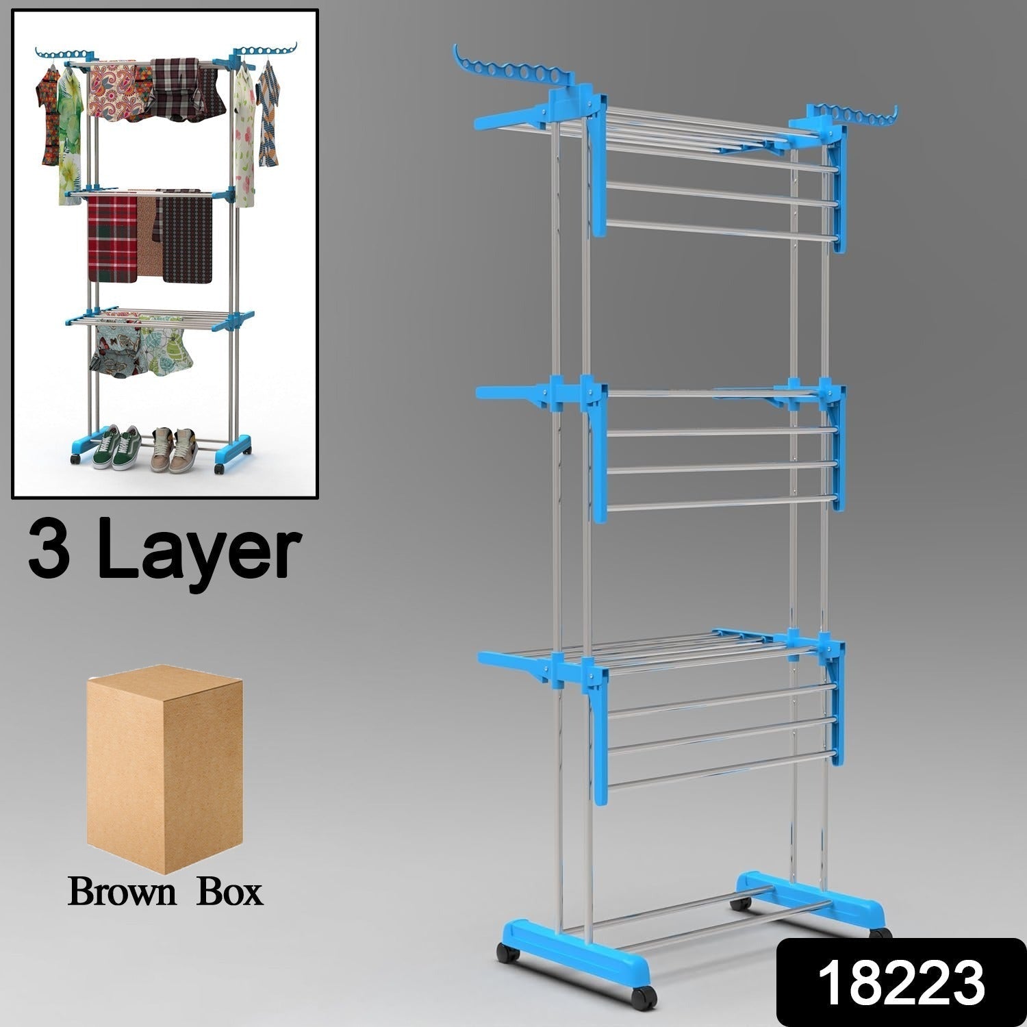 Premium Heavy Duty Stainless Steel 3 Layer Foldable Cloth Drying Stand (1 Set / With Brown Box)