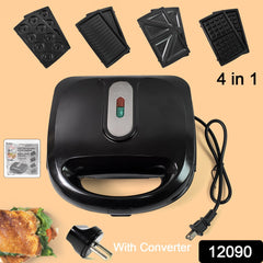 4 in 1 Sandwich Maker Multifunctional with Non-Stick Interchangeable Plates (1 Set / 1200w / With 2 PIN Plug Converter)