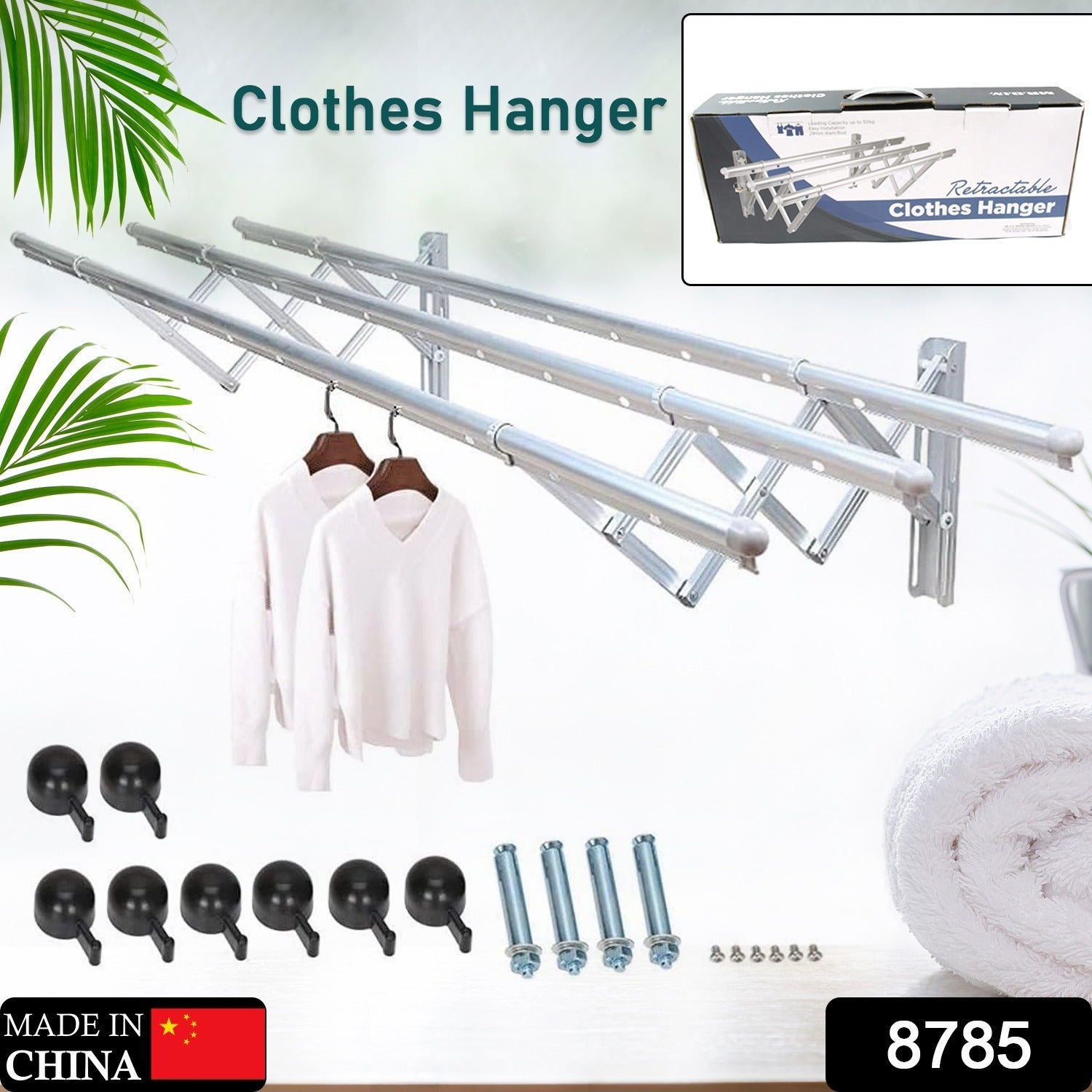 8785 Clothes Rail Rack Clothes Drying Racks, Airer Clothes Drying Rack Wall Mounted Clotheshorse Clothes Airer Washing Cloth Line Extendable Fold Towel Rack Bar for Bathroom Indoor Outdoor