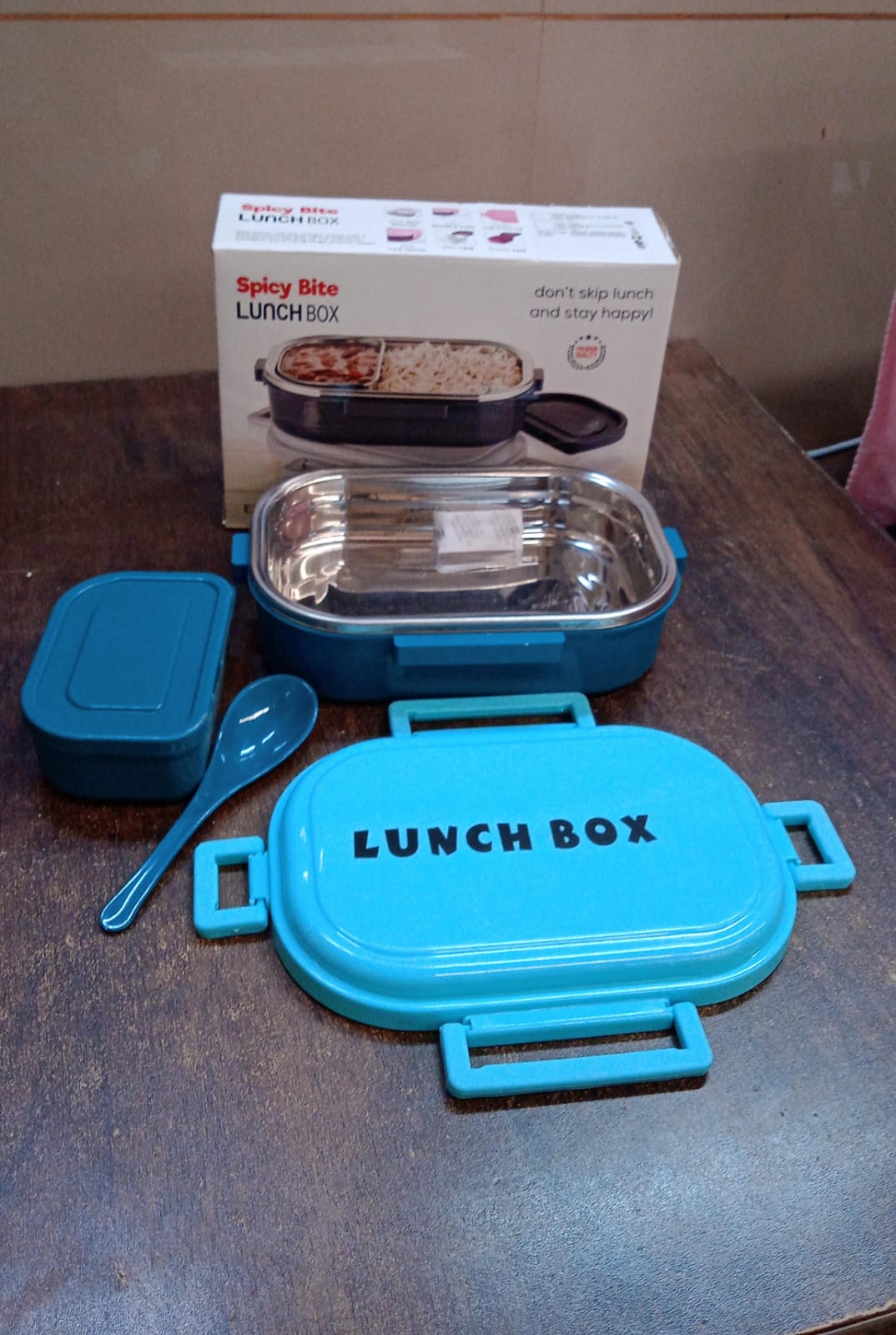 3 in 1 Spicy Bite Stainless Steel Lunch Box With Plastic Small Box & Spoon (1 Set)