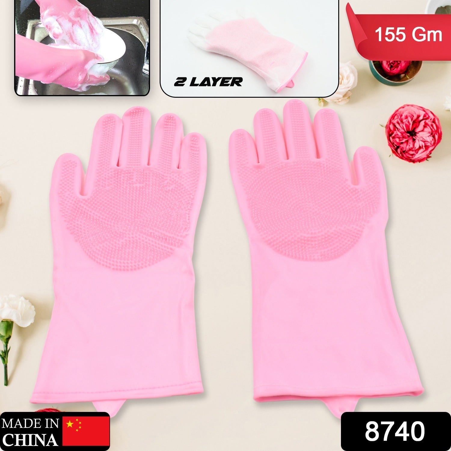 8740 Dishwashing Gloves with Scrubber| Silicone Cleaning Reusable Scrub Gloves for Wash Dish Kitchen| Bathroom| Pet Grooming Wet and Dry Glove (1 Pair, 155Gm)