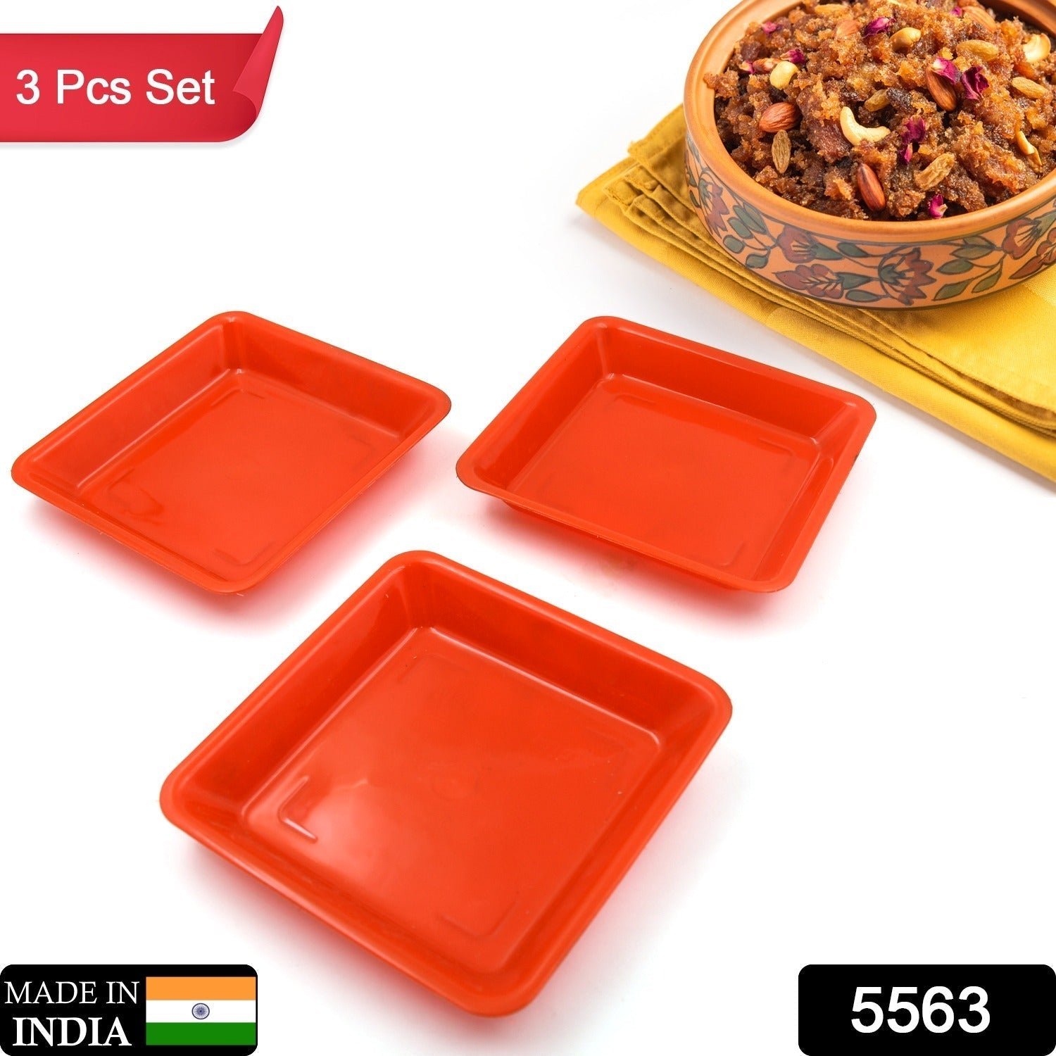 5563 Square Plastic Halwa Dinner Plate Snacks / Breakfast, Restaurant Serving Trays Home School Coffee Hotel Kitchen Office (3 Pcs Set)