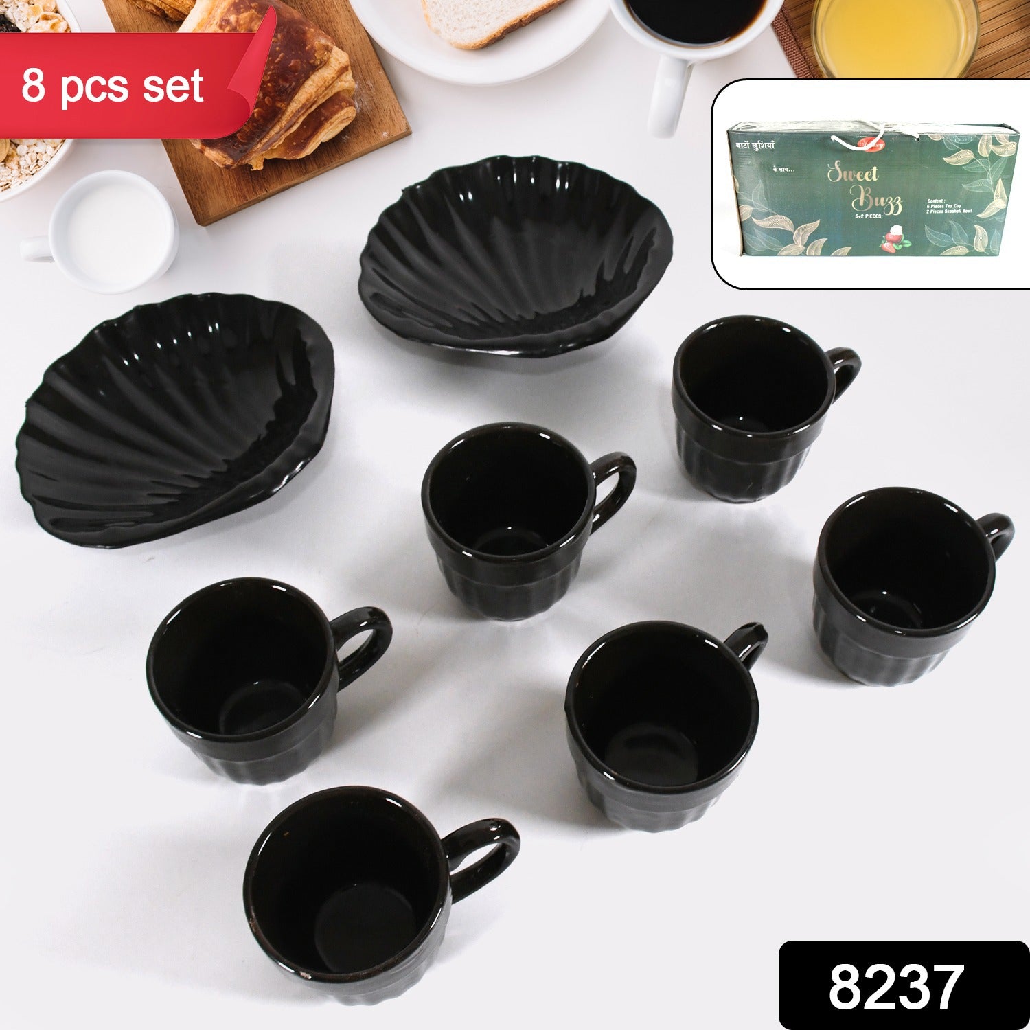 8237 Sweet Buzz Ceramic Tea / cups / Mug Set With Seashell Shape Serving Bowl Milk Cup, Coffee Cup, Tea Cup, Breakfast Cup, Drinking Mug or Outdoor for Household, Gift for Birthday, Wedding Party (8 Pcs set)