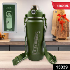 13039 Liter Stainless Steel Water Bottle with Straw, Strap & Handle  Vacuum Insulated Thermos Flask Double-Walled Coffee Thermos Flask Leak-proof Water Bottle for Sports, Fitness, Gym (1500ML)