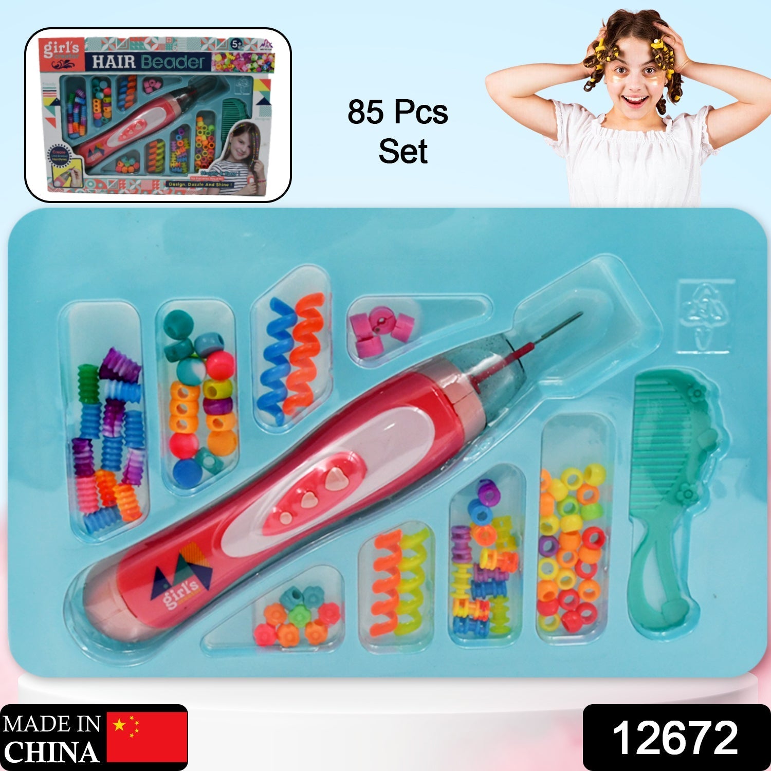 12672 Hair Styling Clasp Clips Twisting Stringing Beads Kit for Girls, Portable Hair Braider Machine,Hairstyle Braid Kit DIY Hair Styling Tool with Comb, Rubber, Button Beads and Beads (85 Pcs Set)