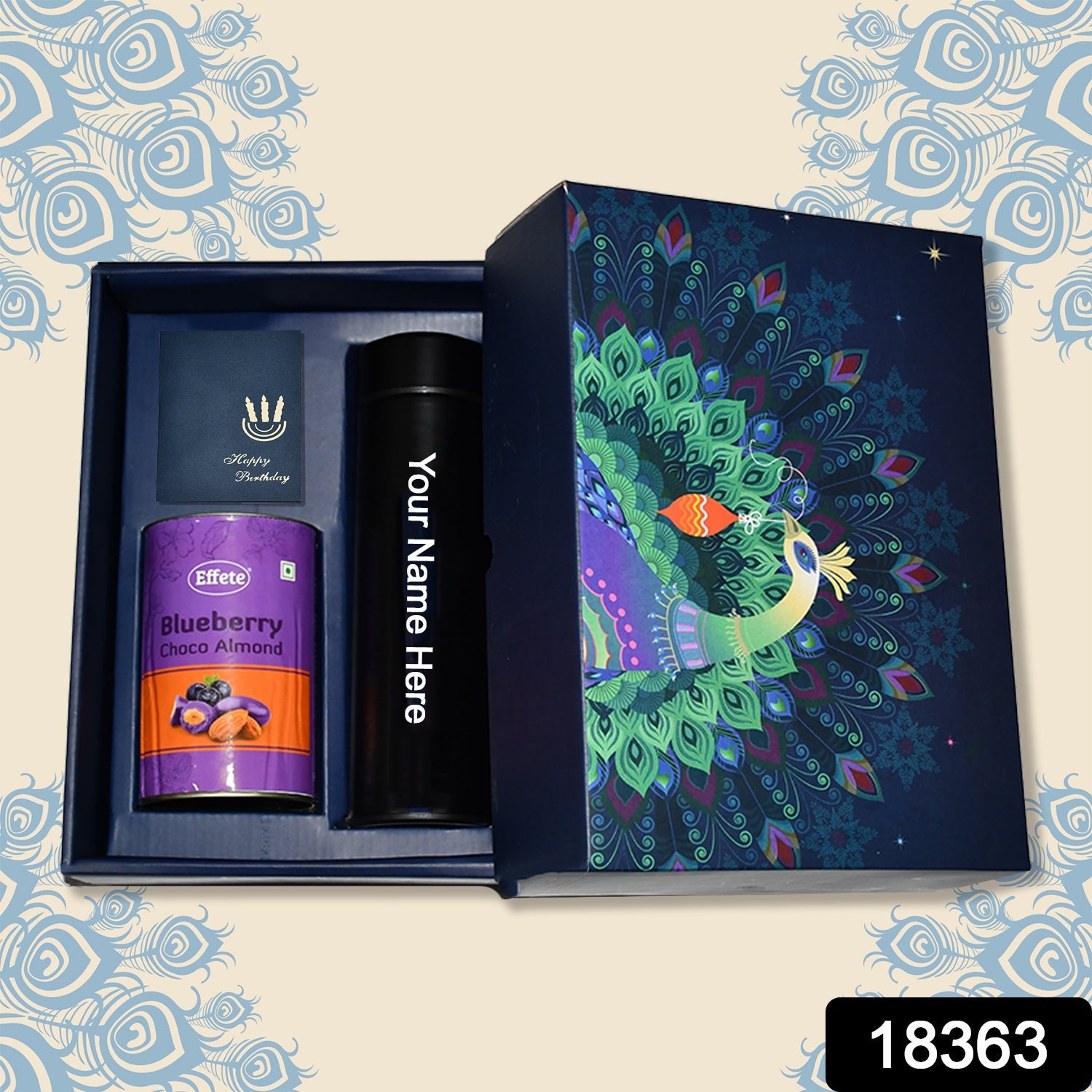 Personalized Temperature Water Bottle, Wishing card & Chocolate (With Attractive Peacock Box / 3 Pc Set)