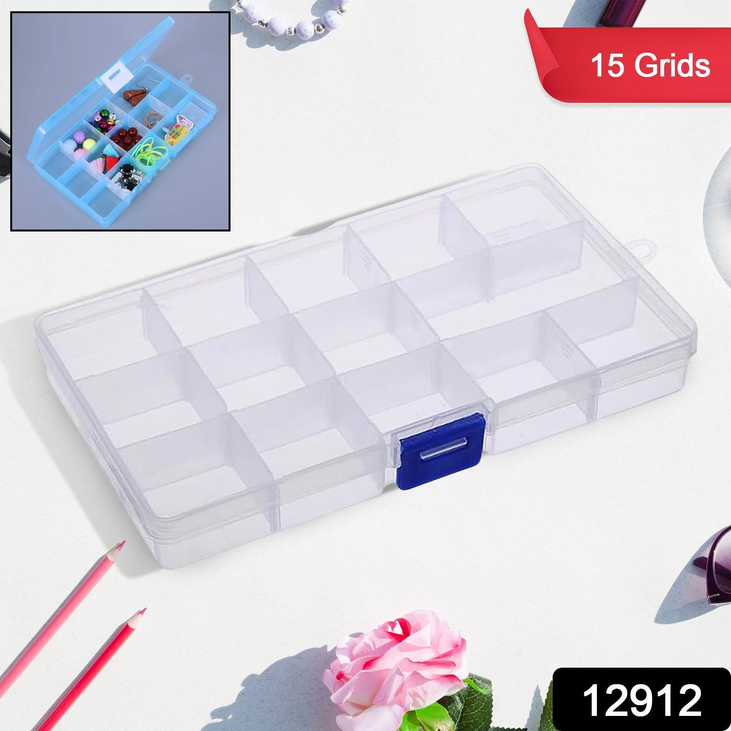 12912 15 Grids Jewelry Organizer Plastic Jewelry Organizer Box Clear Jewelry Organizer Box Plastic Bead Organizers with Adjustable Dividers for Herbs Pills Bead, Jewelry, and Other Small Item (1 Pc)