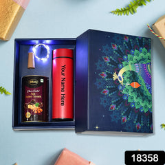 Personalized Temperature Water Bottle, Decorative Light& Chocolate (With Attractive Peacock Box / 3 Pc Set)