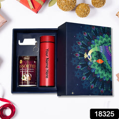 Personalized Temperature Water Bottle, 2in1 Keychain & Chocolate (With Attractive Peacock Box / 3 Pc Set)