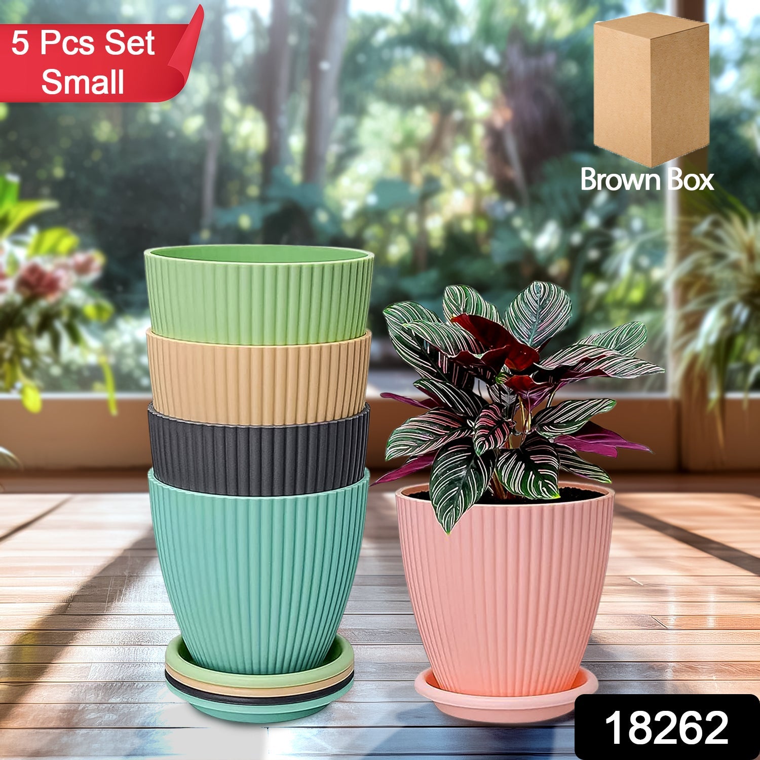 Round Flower Pot with Bottom Tray (5 Pcs Set / Small / 14×16 Cm)