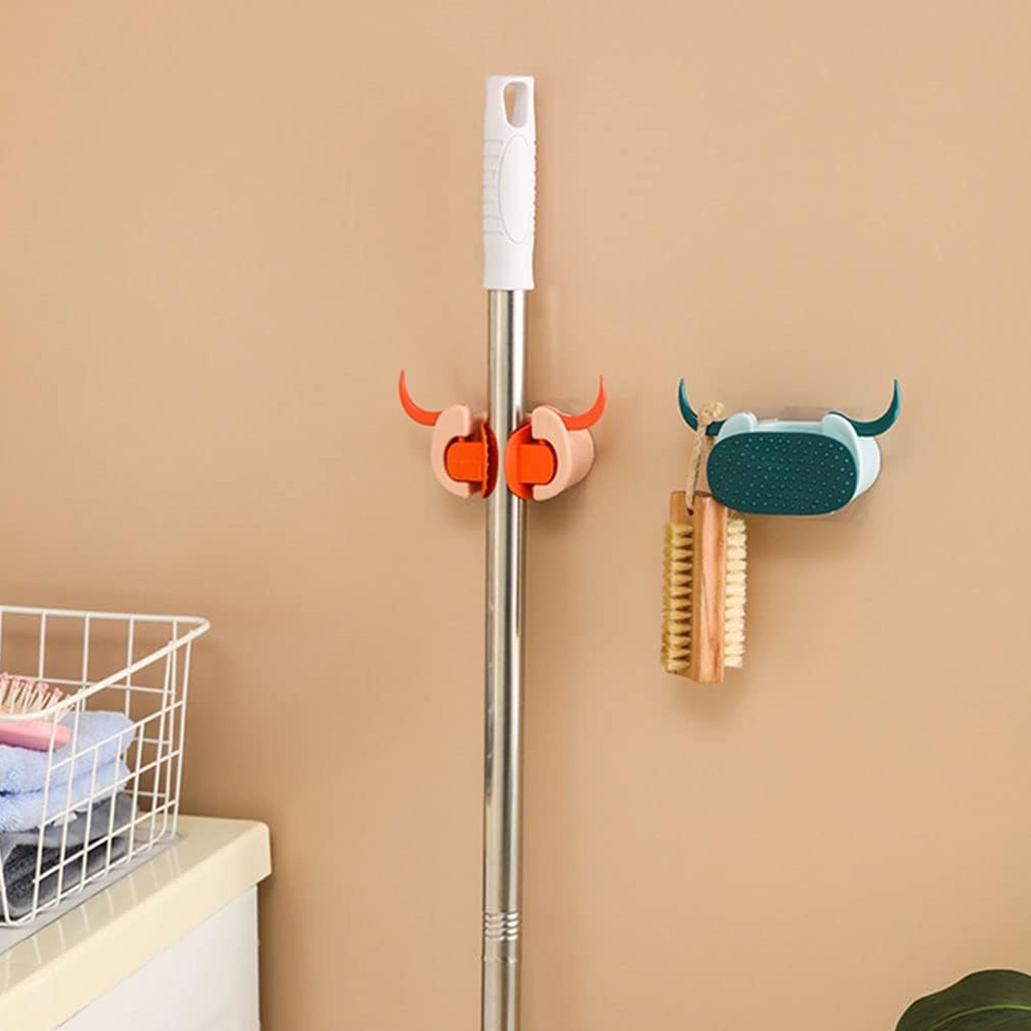 4318 Multifunctional Cartoon Sticky Punch Free Mop Holder Wall Mounted Broom Organizer Cleaning Tools Holder Hanger, Self Adhesive Cute Cow Head Suction Cup Hanging Hook for Bathroom Kitchen (1 Pc)