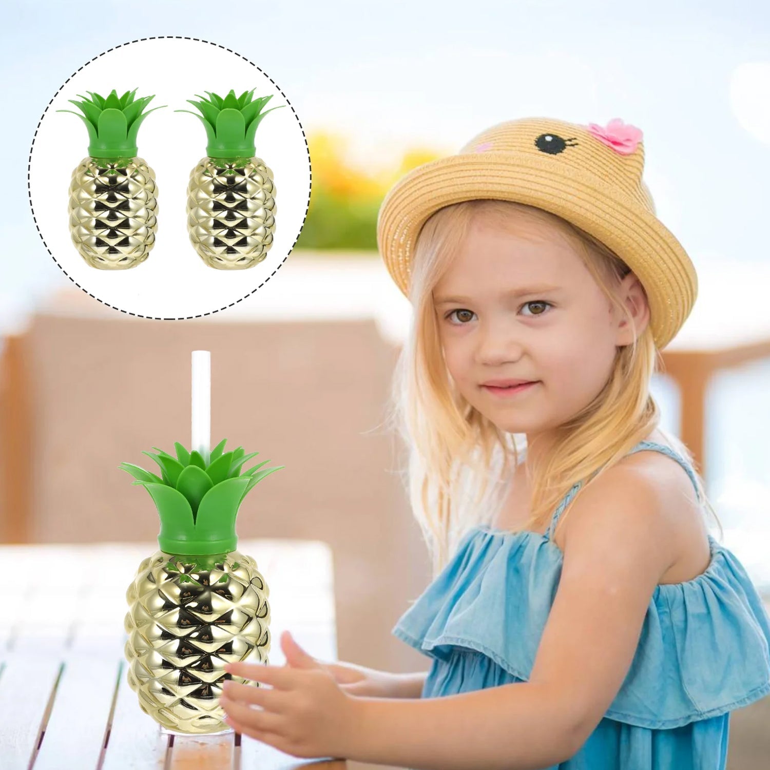 8447 Plastic Pineapple Cups With Straw Pineapple Party Favors Summer Hawaiian and Beach Party Decorations for Kids Adults With Brown Box(1 Pc)
