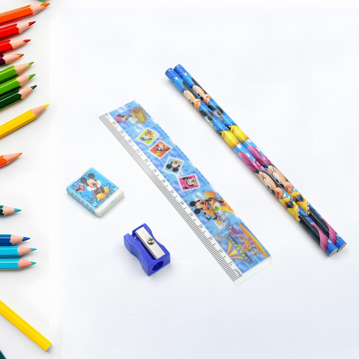 4643  Mix Design Cartoon Wooden Pencil Set, Stationary Set 5 in 1 Items Educational Item for School Going Kids, Stationary Set for Girls Boys/Stationary for School/Gift Pack for Girls Kids/Birthday Gift Kids (5 Pc Set )