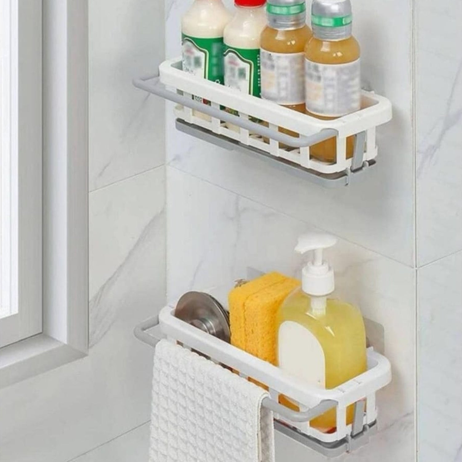 8788 Multipurpose Platic Hanging Drain Rack Retractable Sponge Storage Hanging Rack With Adhesive Hook for Kitchen and Bathroom Dishcloth Holders Basket Drying Tray Organizer