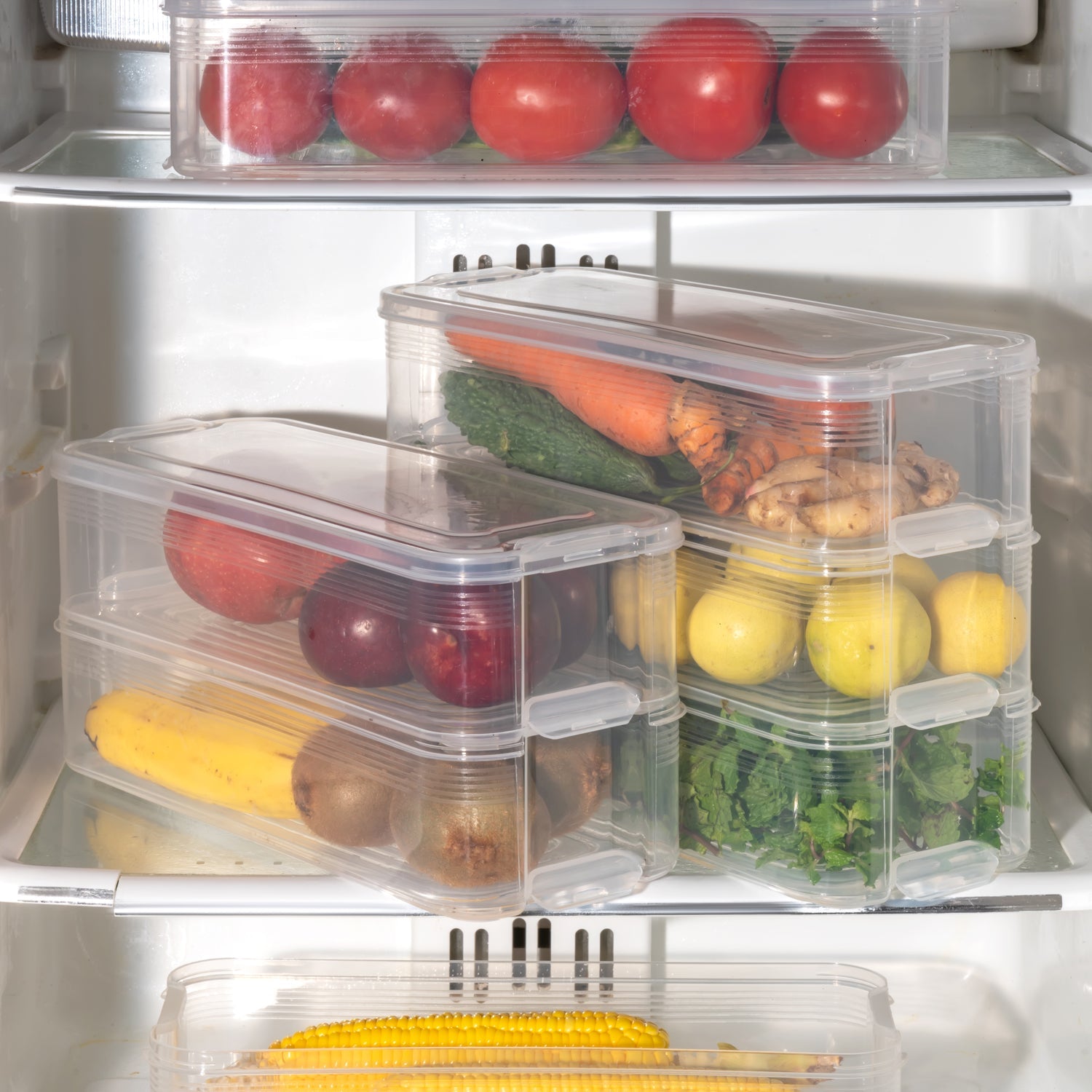 5595 3 Fridge Storage Container, Fridge Organizer with Lid Stackable Fridge Storage Containers Plastic Freezer Storage Containers for Fish, Meat, Vegetables, Fruits, Pack of 3pcs, 1500ML Approx