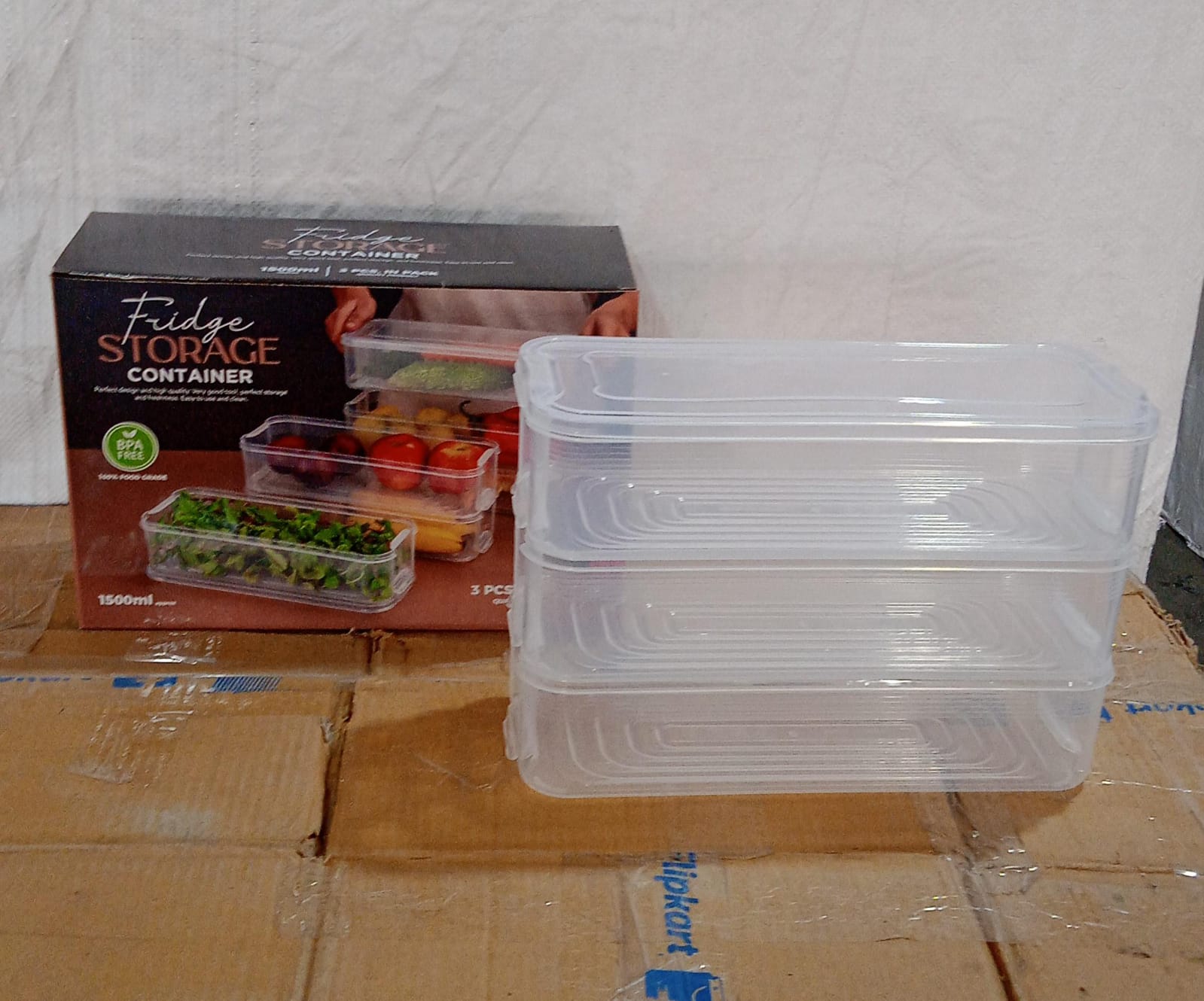 5595 3 Fridge Storage Container, Fridge Organizer with Lid Stackable Fridge Storage Containers Plastic Freezer Storage Containers for Fish, Meat, Vegetables, Fruits, Pack of 3pcs, 1500ML Approx