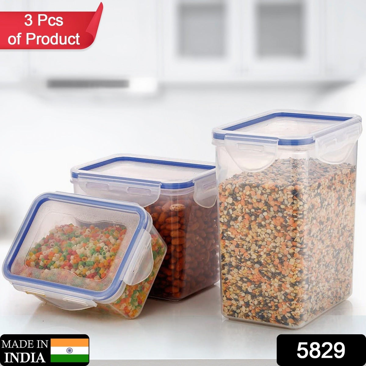 5829 Classics Rectangular Plastic Airtight Food Storage Containers with Leak Proof Locking Lid Storage container set of 3 Pc( Approx Capacity 500ml,1000ml,1500ml, Transparent)