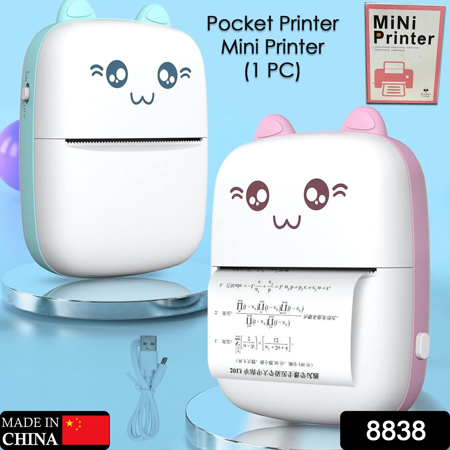 8838 Pocket Mini Printer, Mobile Phone Bluetooth Connection Wireless Mini Thermal Printer with Android or iOS APP for Pictures, Portable Smart Printer,Contains 1 Rolls Thermal Paper, with Fast Paper Output for Photo Image